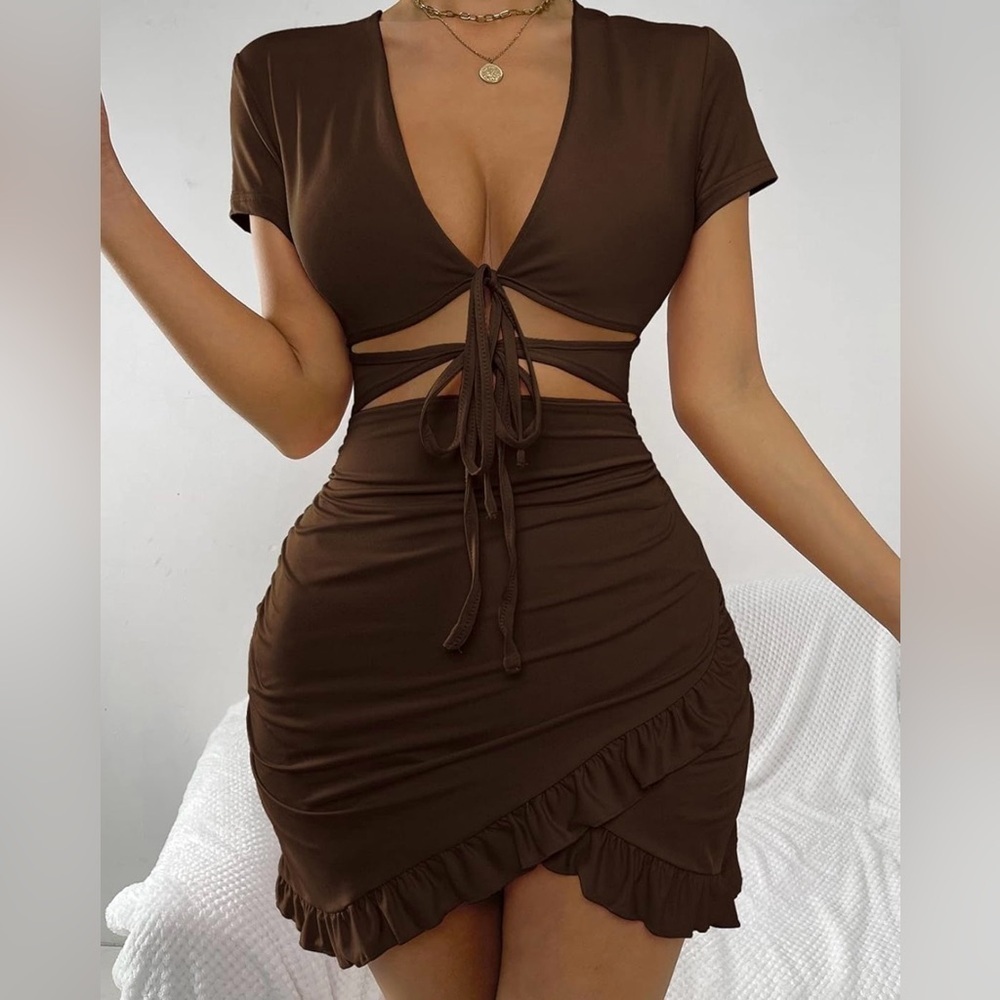 SHEIN Women's Tied Cutout Front Ruffle Trim Wrap Hem Dress Chocolate Brown